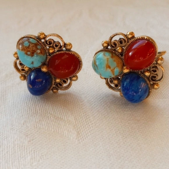 1960s Gold toned, Faux turquoise , Carnelian lapis lazuli Stones Cabochons Glass - Picture 1 of 7